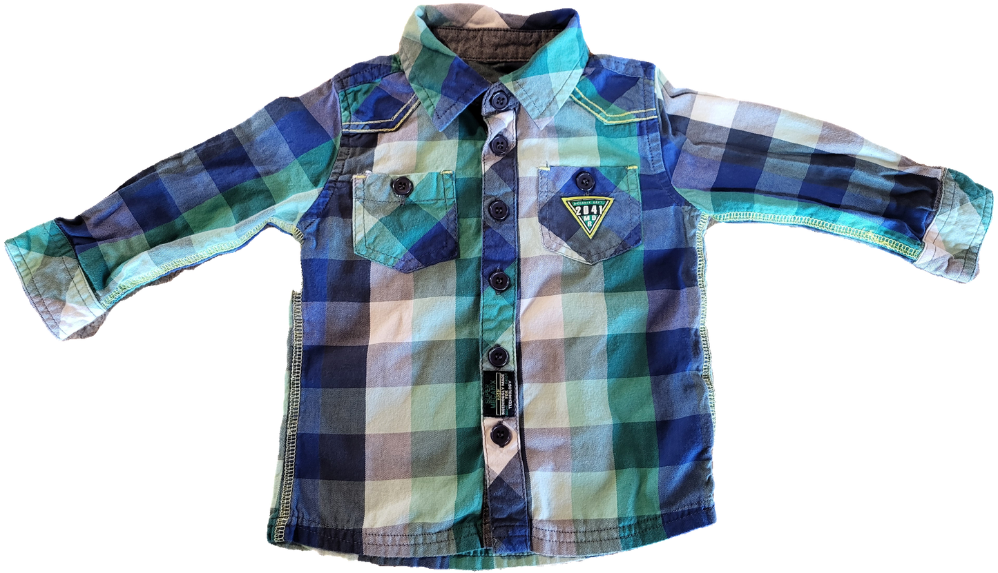 G- Chemise carreauté bleu-vert - 12 mois