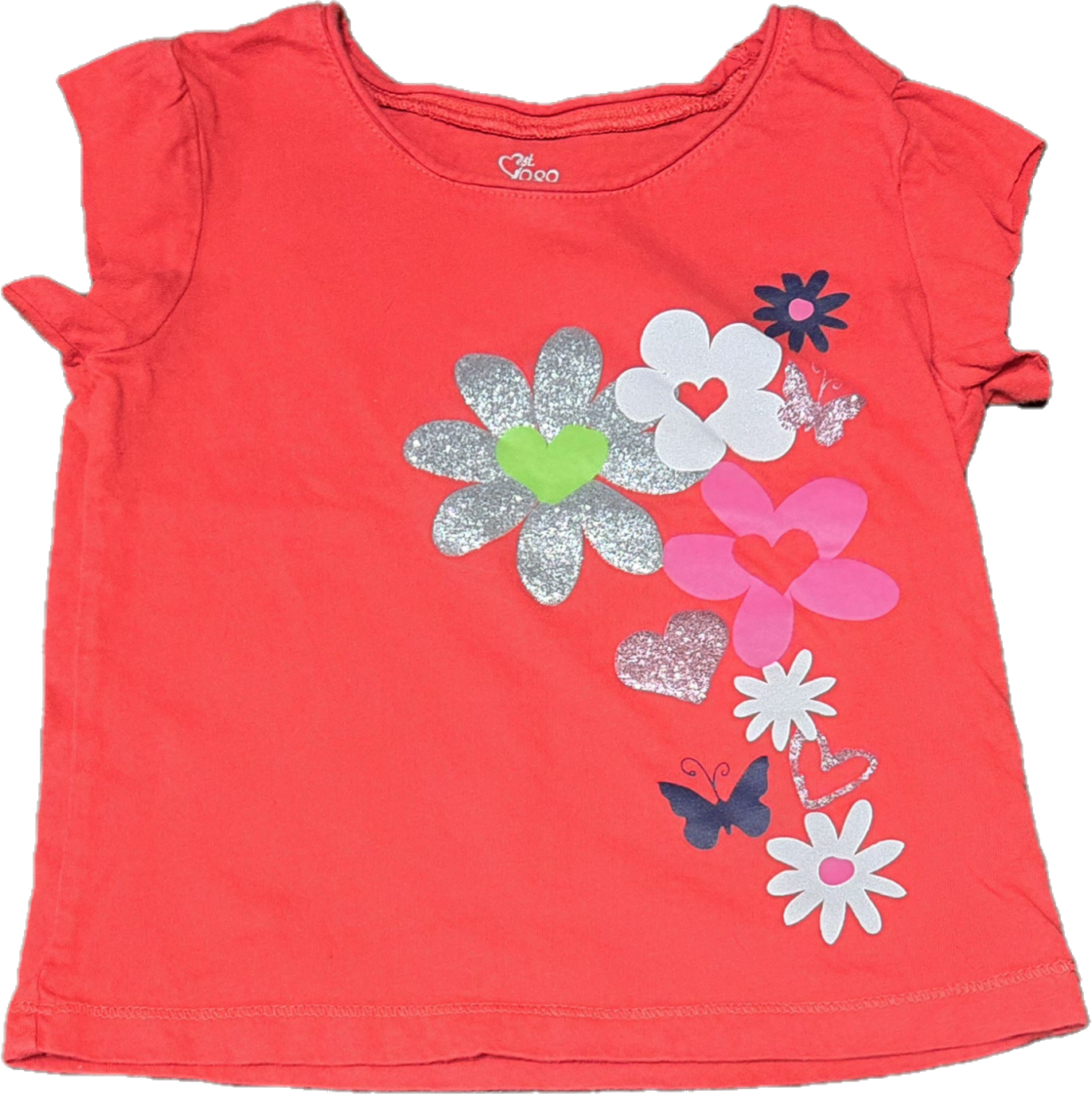 F - Chandail rouge fleurs/ coeur - 2 ans - Neuf