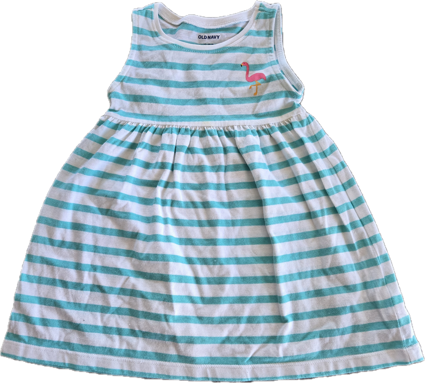 F - Robe turquoise rayé flamant - 12/18 mois