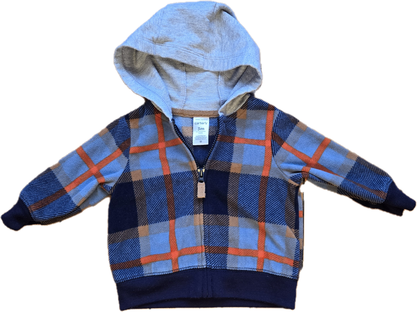 G - Coton zipper carreaux gris, bleu marine, orange - 3 mois - Neuf