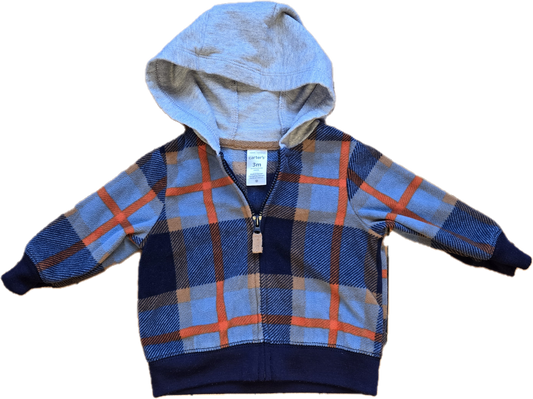 G - Coton zipper carreaux gris, bleu marine, orange - 3 mois - Neuf